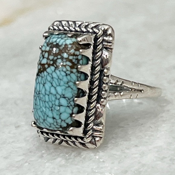 Blue Moon Turquoise Black Oxidized Sterling Silver Rectangular BOHO Ring Sz 7 - Picture 4 of 10